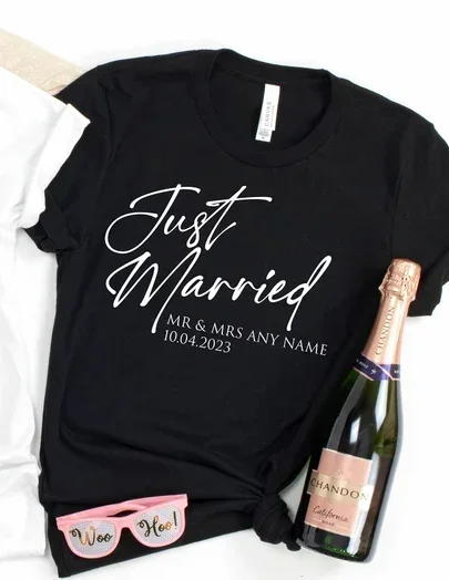 Just Married T-Shirt Personalised Husband and Wife Couples Honeymoon Finally Matching Wedding Tee Streetwear goth y2k