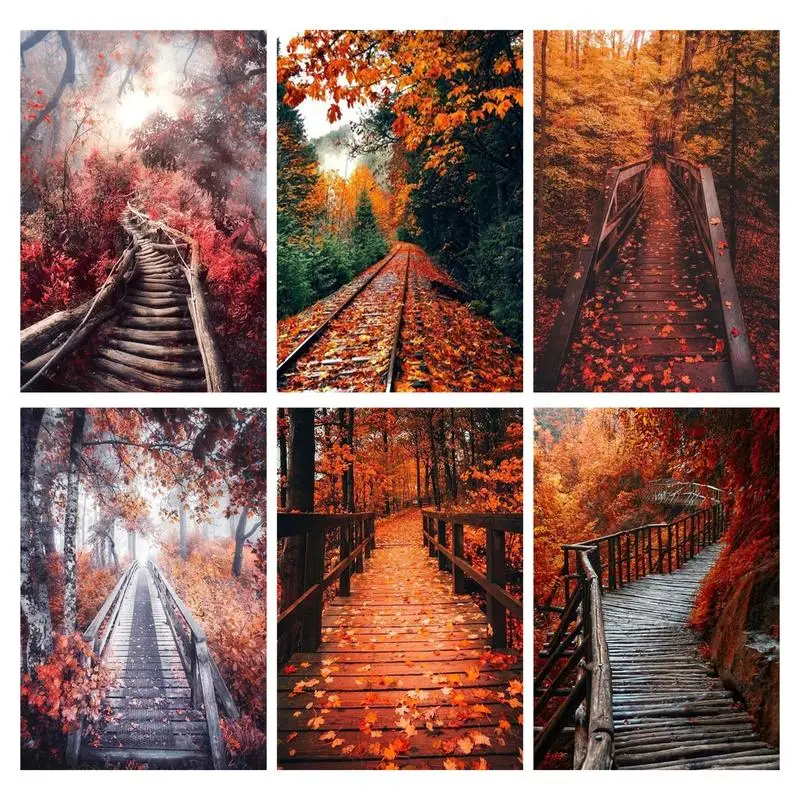 

CHENISTORY Oil Painting By Numbers Autumn road scenery Kits Paint Pictures By Number Canvas Home Decoration For Adults
