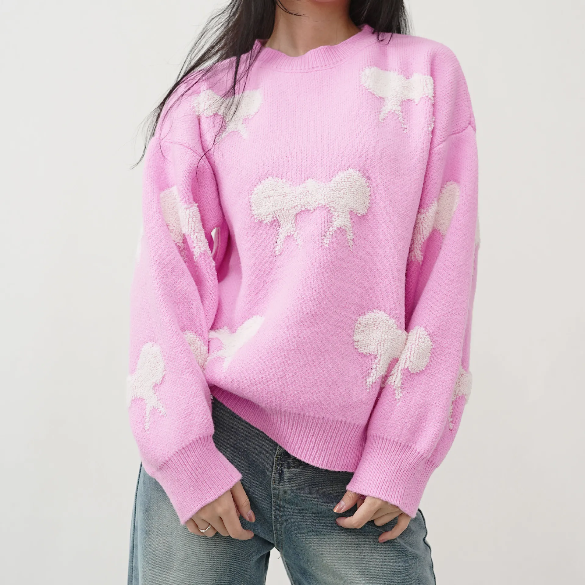 

Jacquard Autumn Female's Sweater O-neck Bow Towel-embroidered Loose-fitting Top For Women One-size Pullover Sweatshirt For Lady