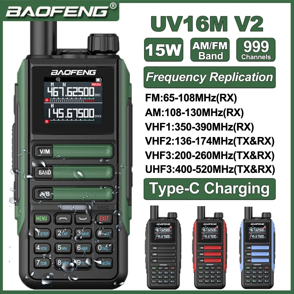 Baofeng UV16M V2 15W 워키토키 주파수 복제 6 밴드, C타입 케이블, 업그레이드 UV9R UV16 플러스 햄 양방향 라디오