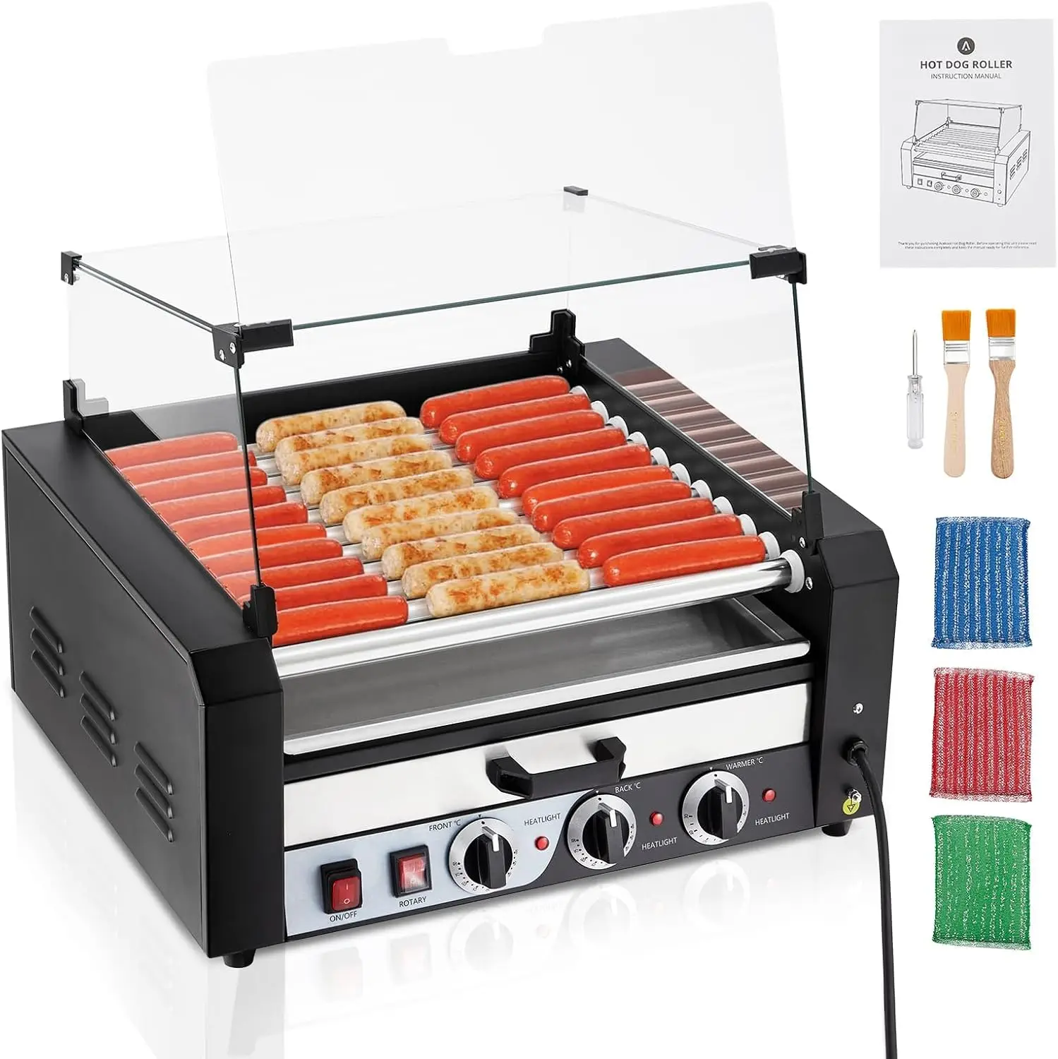 Hot Dog Roller,11 Rollers 30 Hot Dogs Capacity 1950W Hot Gog Roller Machine with Removable Oil Drip Tray Dual Temp Control