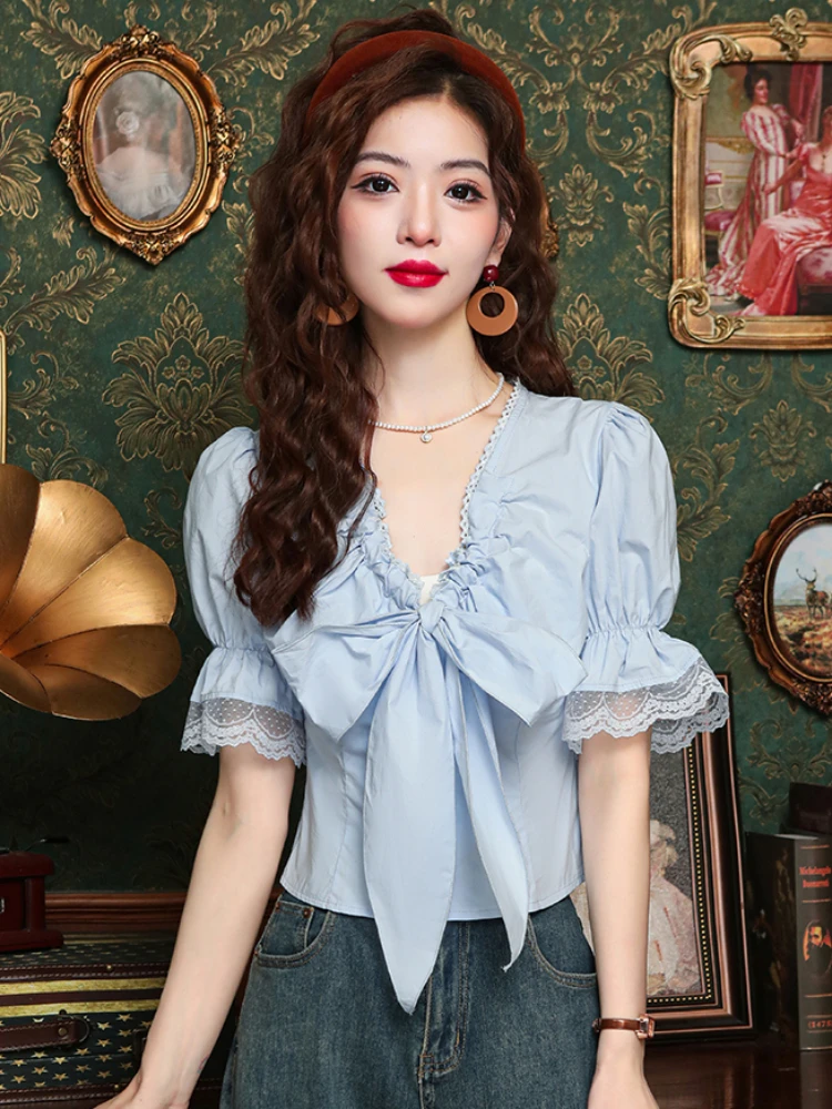 Fashion Elegant Shirts V Neck Puff Sleeve Crop Tops Solid Color Bow Lace Patchwork Blouses Summer Female Slim Women\'s Clothing