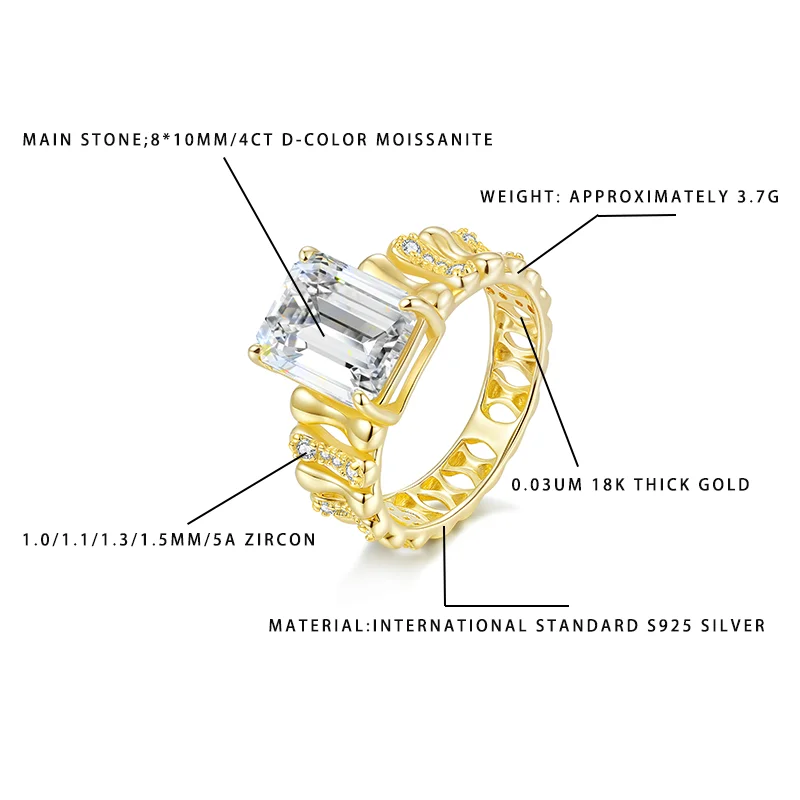 

Женское кольцо с муассанитом изумрудной огранки 4CT D-Color 8*10 мм, серебро S925, позолота 18 карат, 5А, циркон, ретро, роскошная помолвка J