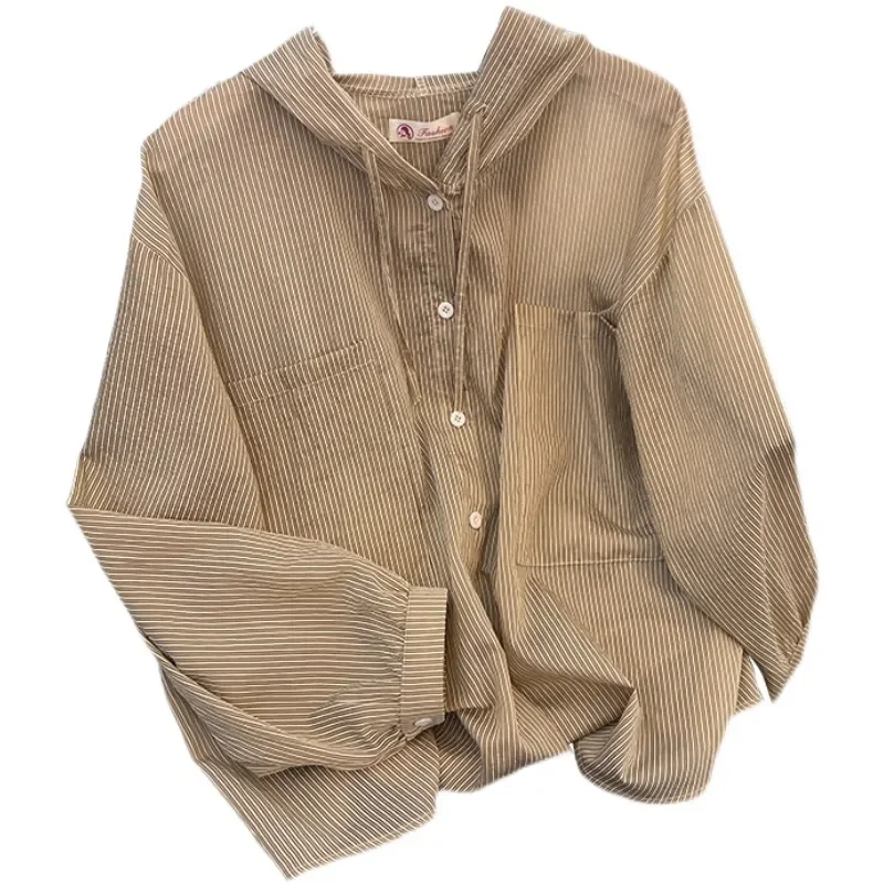 

Women's Khaki Striped Hooded Shirt Long Sleeve Button Front Casual Loose Fit Blouse