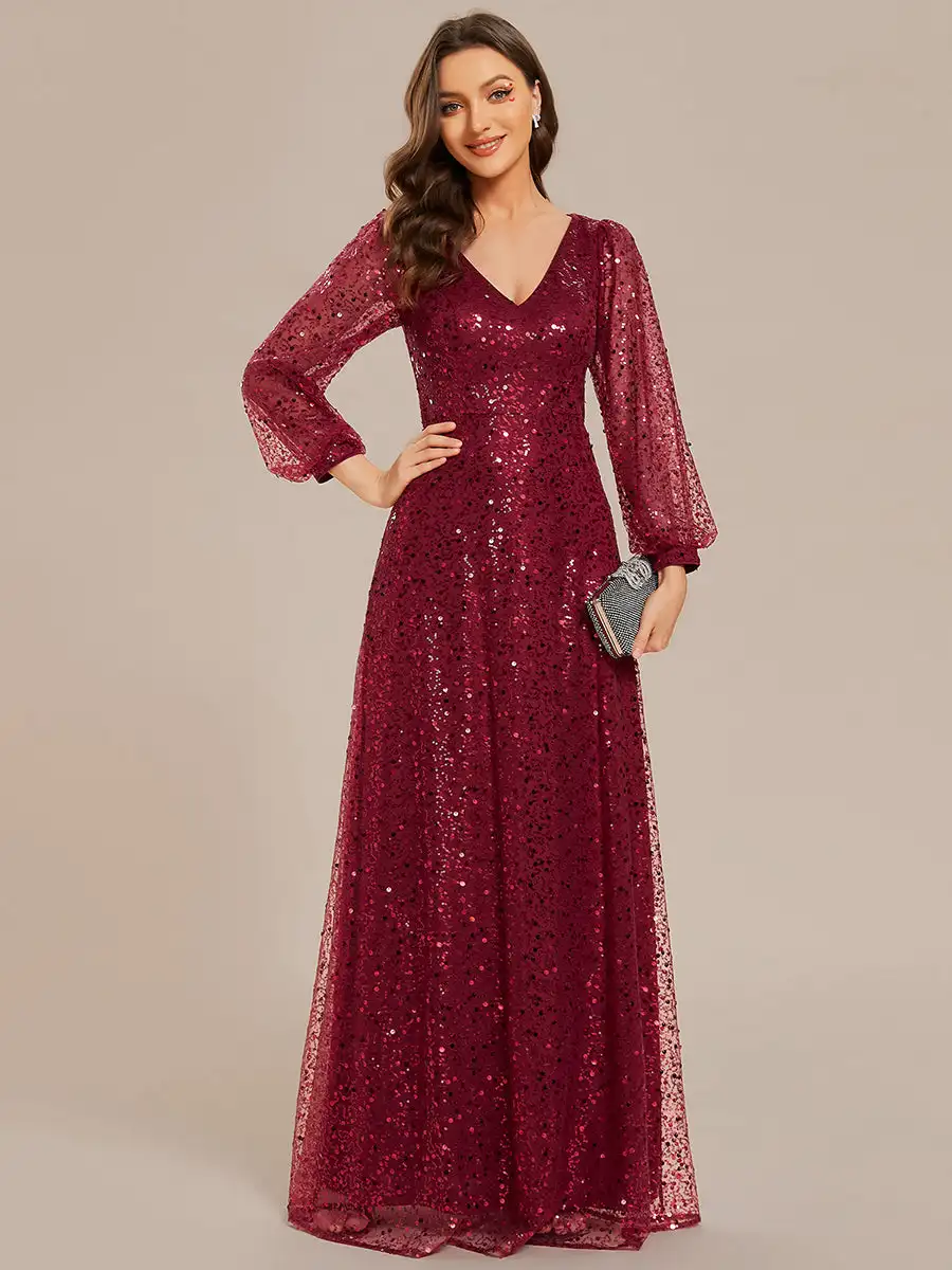 

Gorgeous Evening Dresses V-neck long sleeve Floor length 2025 Ever Pretty of Sequin Burgundy Formal Evening Dress