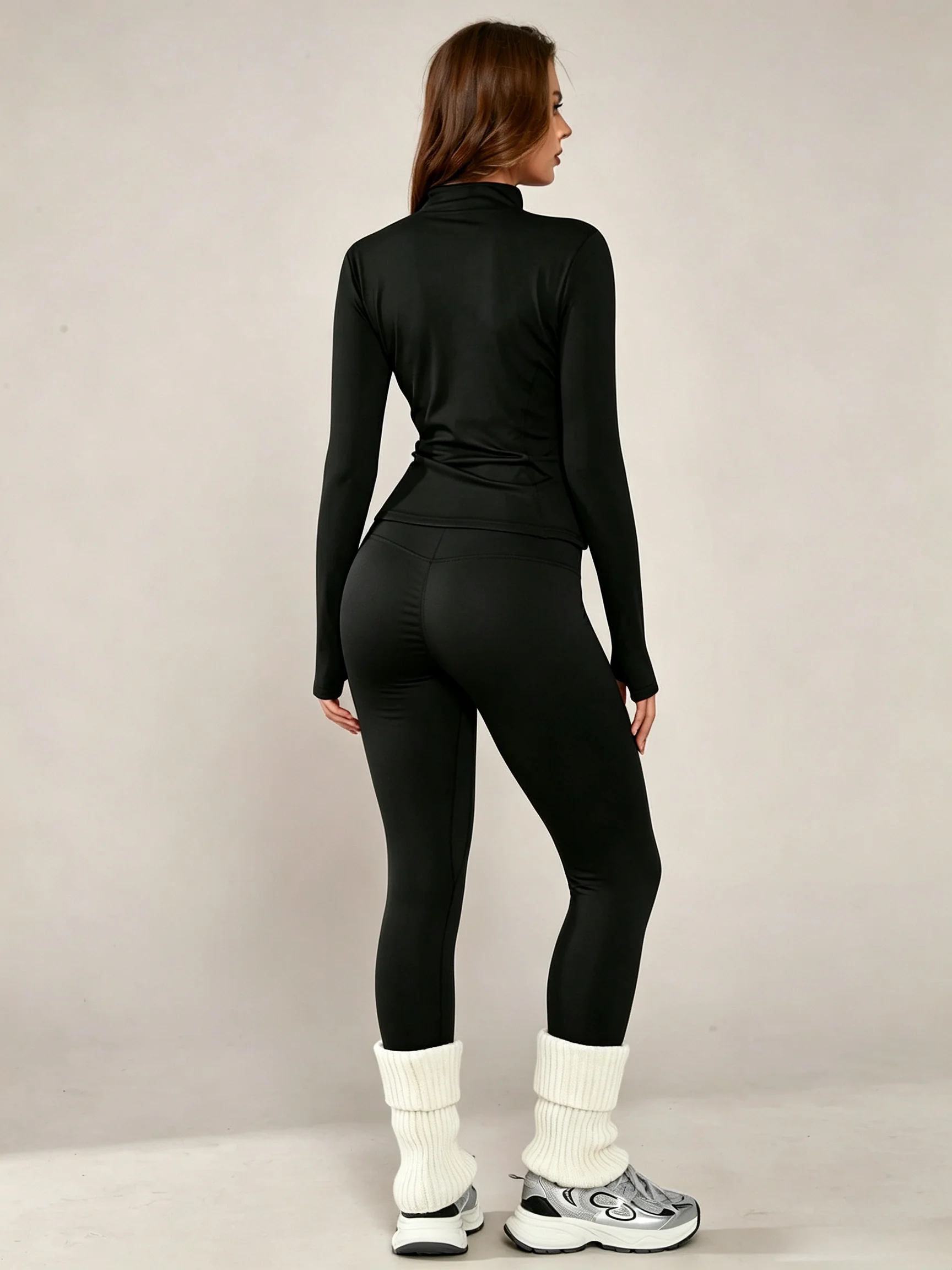 1 Set NcmRyu Women Elastic Zipper Stand Collar Sportswear Set, Waist Cinching Butt Lifting Black Outfit For Spring Yoga Fitness
