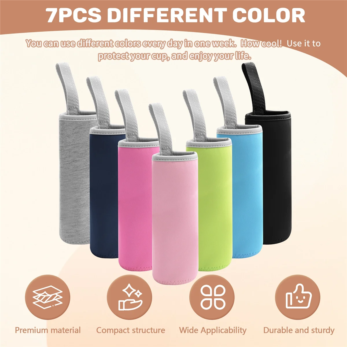 

WFF 7 Pack Glass Water Bottle Sleeve 12 Oz - 19 Oz Neoprene Insulated Drink Bottle Covers Carrier, Multi-Color
