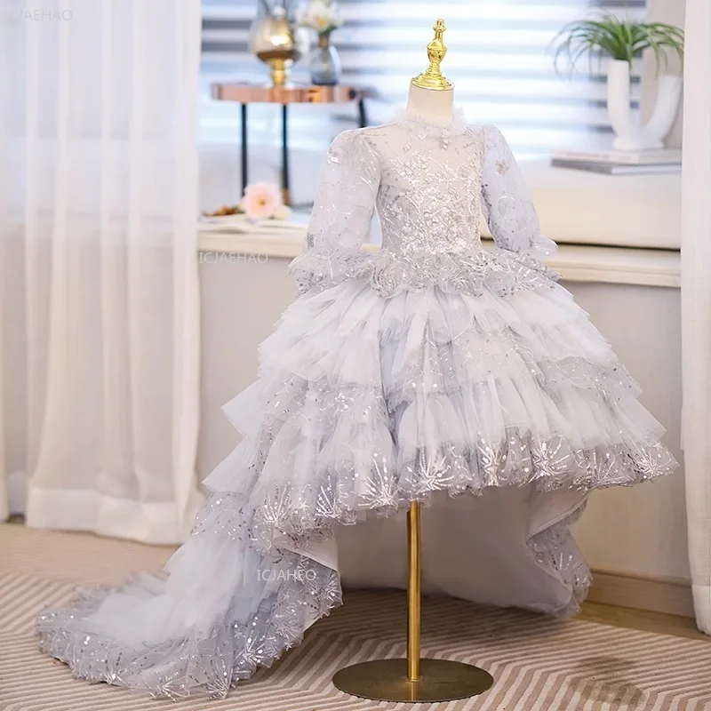 

Girls Princess Party Dress Puffy Tulle Gown with Train Piano PerformanceFlower Girl Evening Costume Pageant Birthday Wedding
