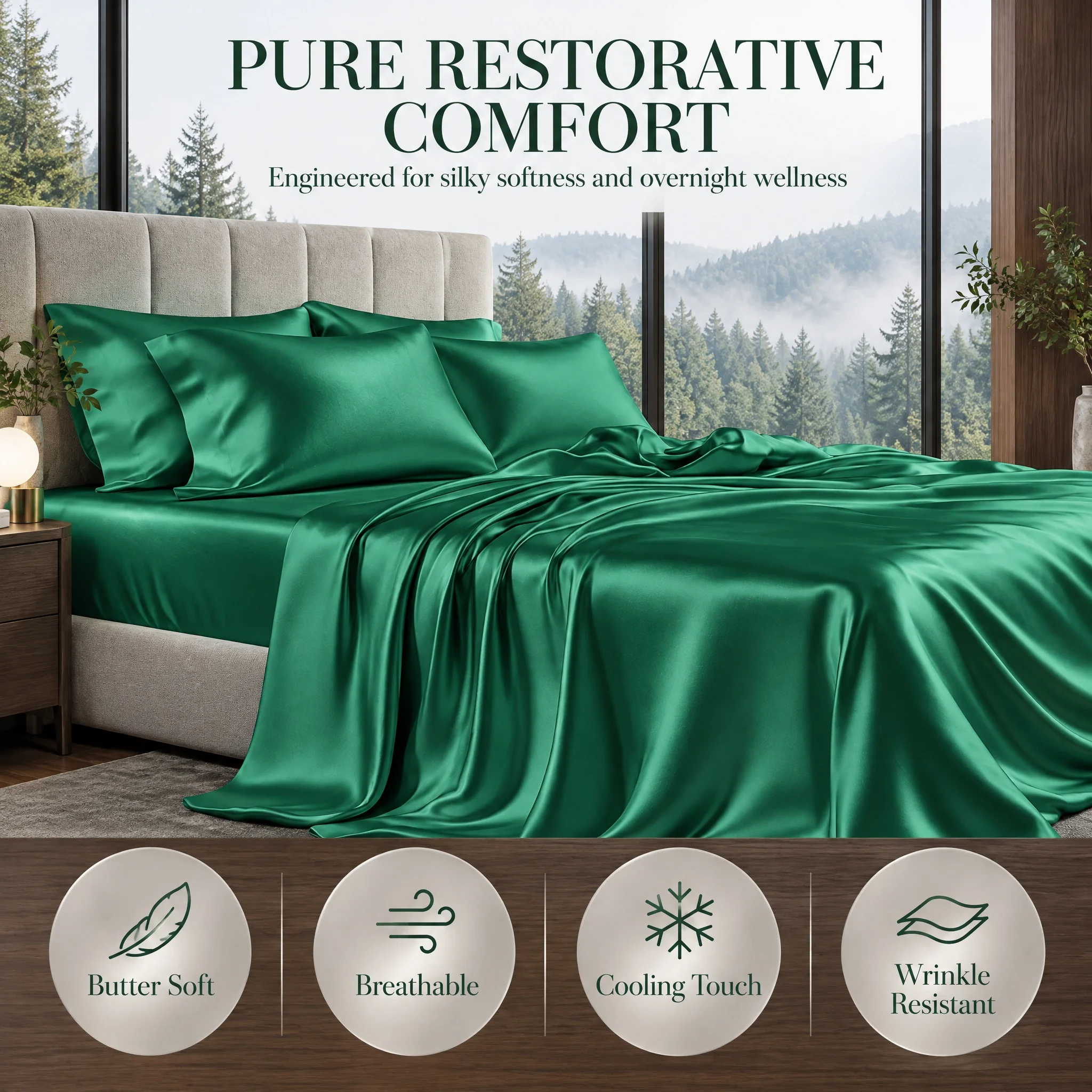 4-Piece Silk Feel Bed Sheet Set, 1800 Microfiber Soft Bed Linens, Deep Pocket Design, Wrinkle Resistant, Contains Fitted Sheet, Flat Sheet & 2 Pillowcases, Multiple Sizes Available