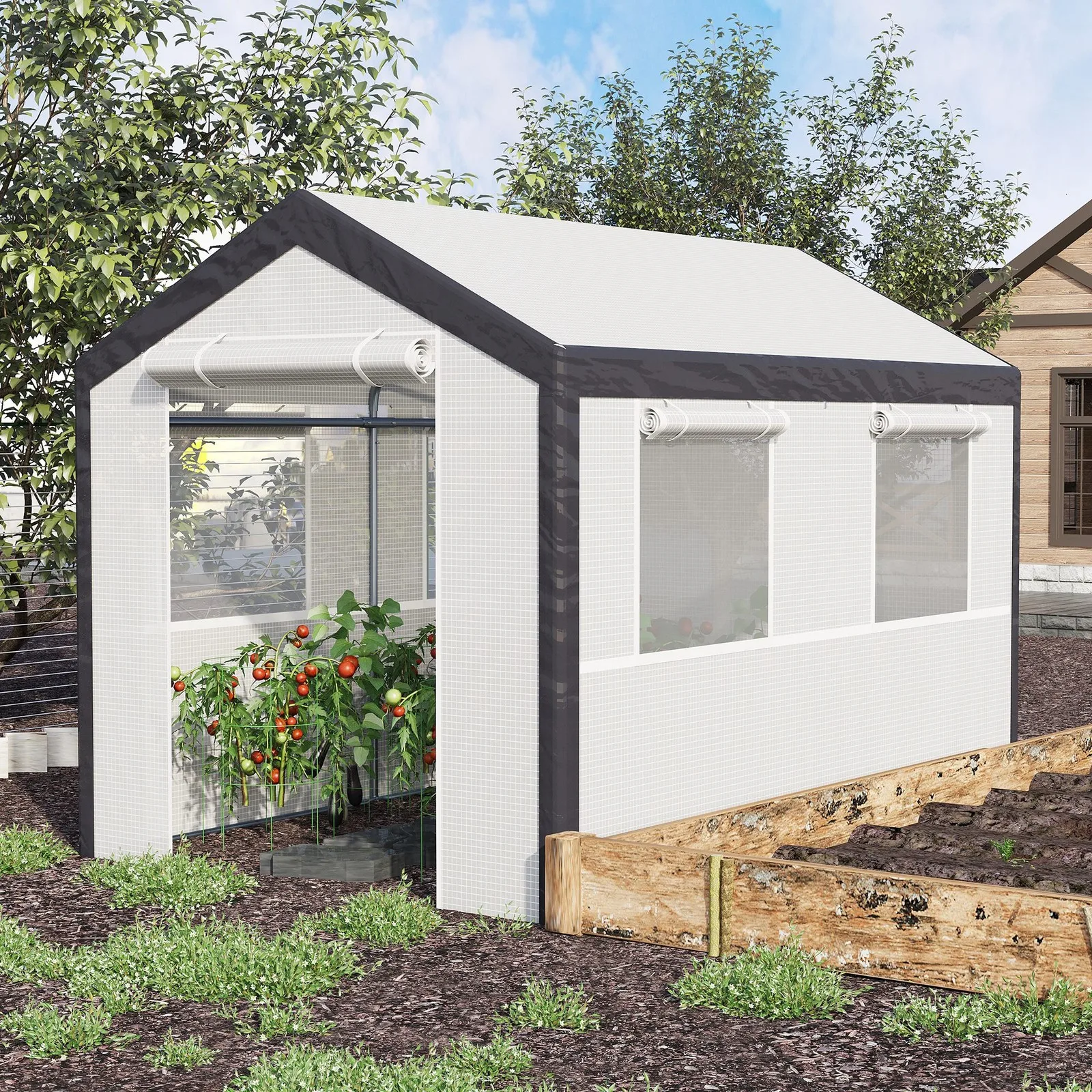 10' x 7' Large Walk-in Garden Greenhouse Warm House w/ Roll Up Door, 4 Windows
