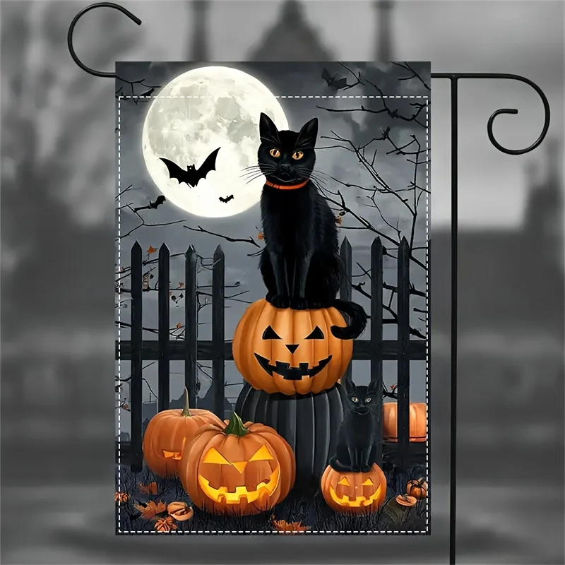 1 Piece, Halloween Ghost Garden Flag - Double-sided 12 × 18 Inch, Elegant Black Cat with Pumpkin Pattern, Suitable for Patios, Gardens, Porches and Lawns, Outdoor Halloween Decorations (Poles Not Included)