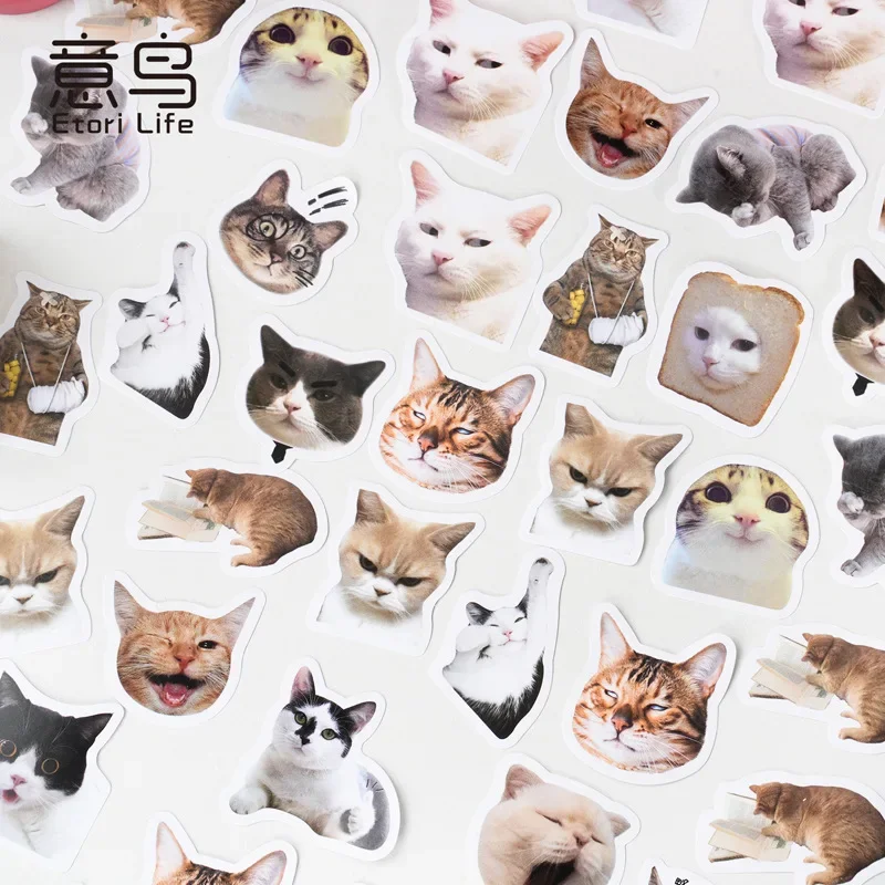 46 PCS Cartoon Cute Animal Society Mischievous Expression Cat Student DIY Stationery,Laptops Decoration Stickers