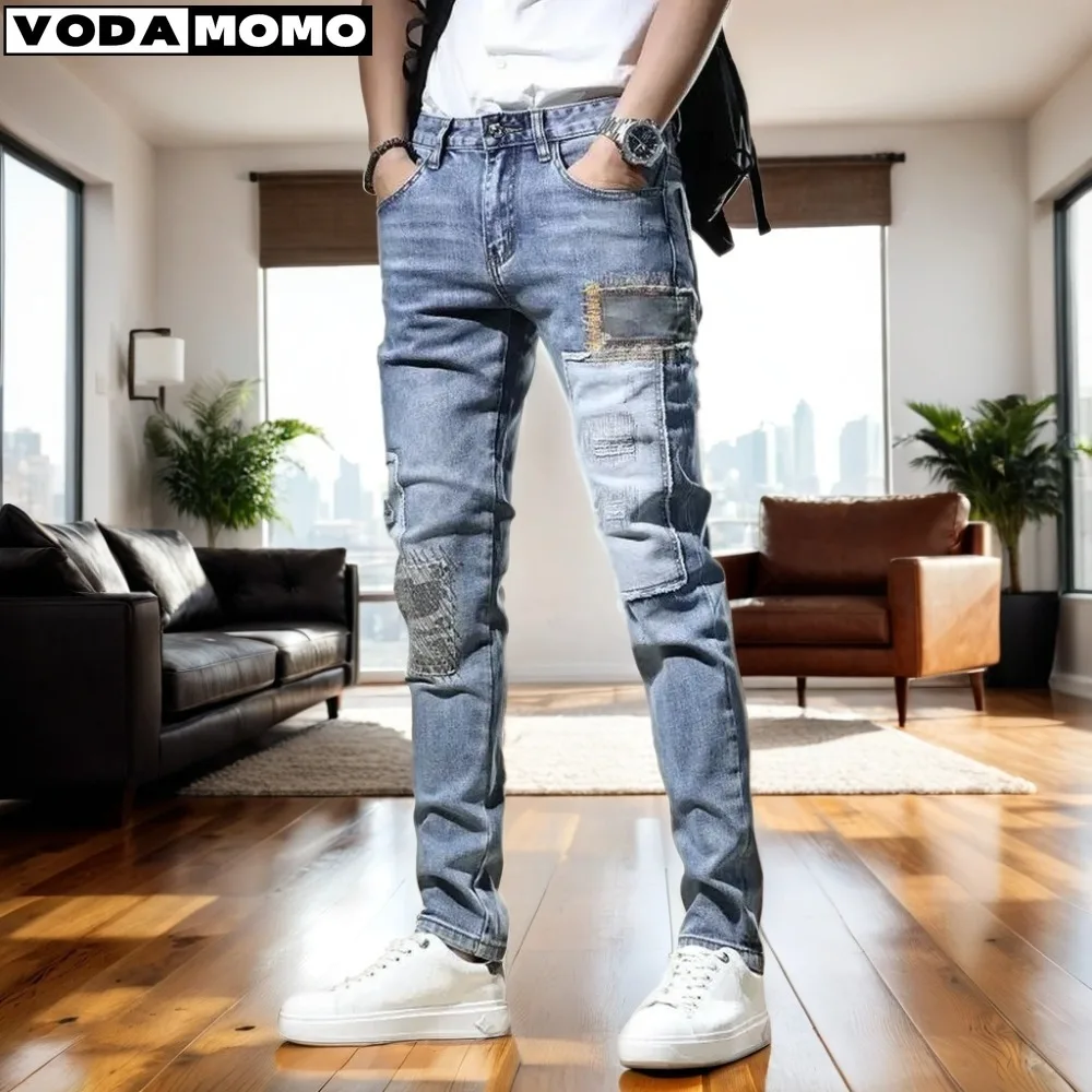 

New Fall 2024 Men Stylish Ripped Jeans Pants Slim Straight Frayed Denim Clothes Men Fashion Skinny Trousers Clothes Pantalones