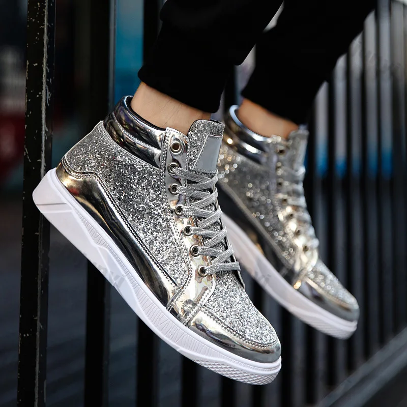 Men's Flats Leather Ankle Boots Man Autumn Fashion Bright Comfortable Casual Shoe Sneakers Casual High-top Retro Gold Sneakers