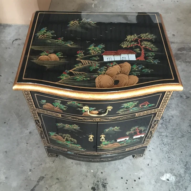 Glossy Piano Finish Corner Bedside Table Ming Qing Classical Style Painted Furniture Living Room Storage Cabinet Locker
