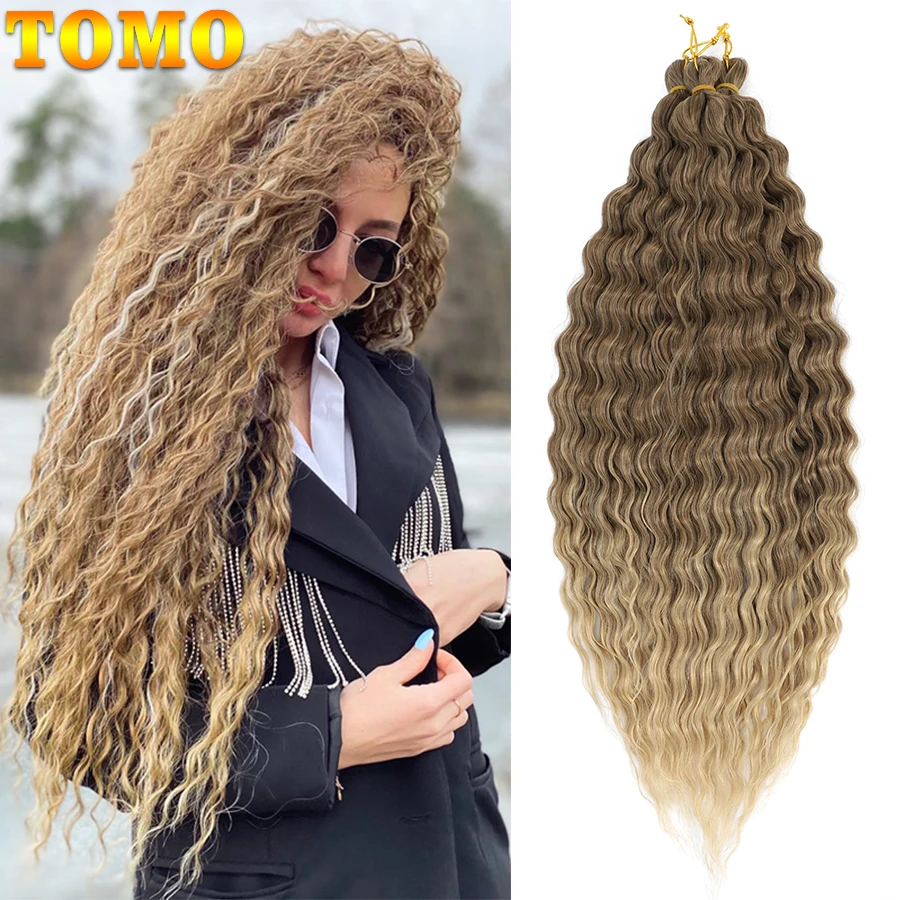 TOMO 30 Inch Deep Wave Twist Crochet Hair Synthetic Goddess Crochet Braids Curly Hair Wavy Ombre Brown Blonde Hair Extensions