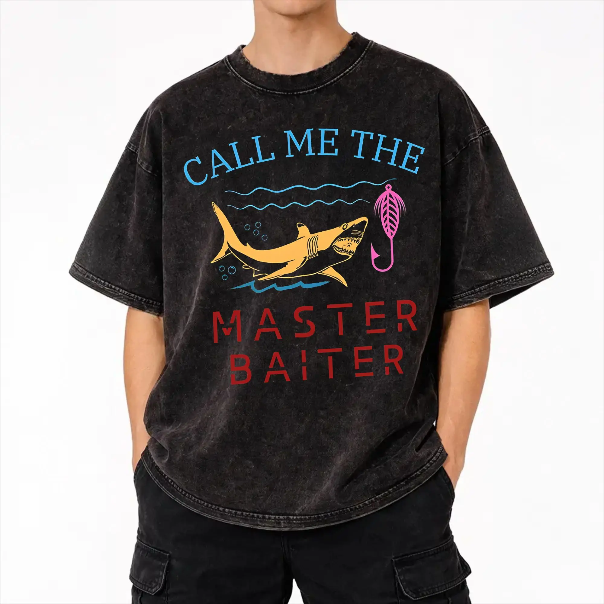 Master Baiter Funny Fishing  T Shirt Hip Hop Washed Short Sleeve Oversize T-Shirts  Casual for Men Women Streetwear