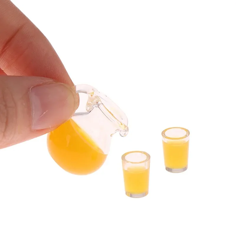 3Pcs/set 1:12 Dollhouse Miniature Drink Cup Orange Juice Jug Model Kitchen Decor