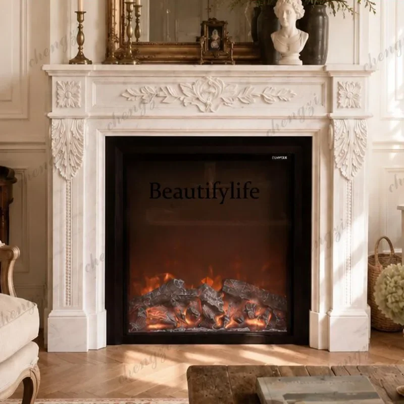 Fireplace Quiet Wind Natural Elegant White Marble Living Room Advanced French Medieval Designer Fireplace Rack