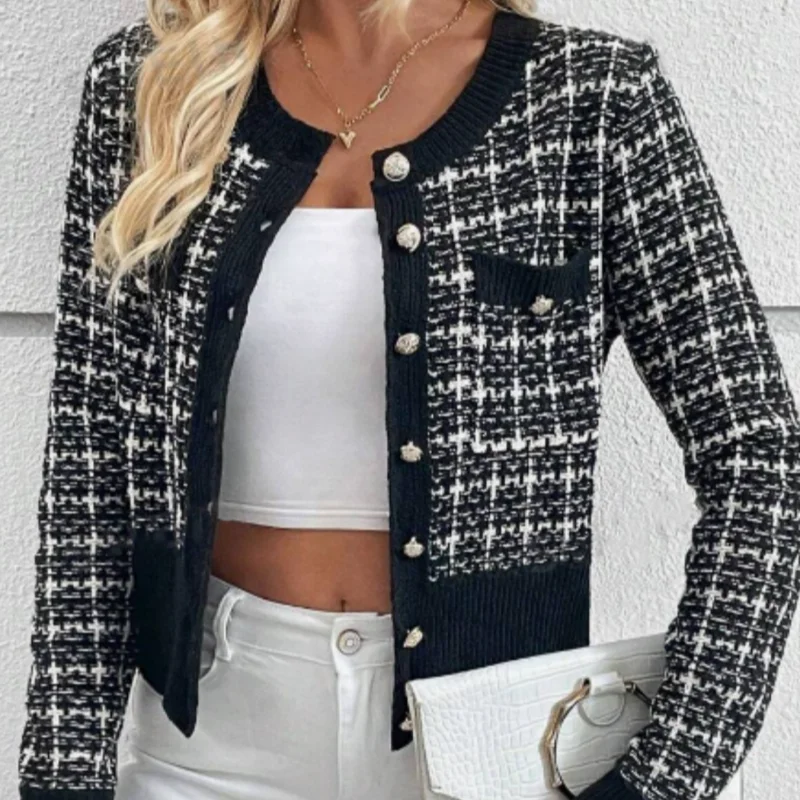 Stylish Women\'s Tweed Knit Cardigan Sweater Black and White Plaid Pattern Button Cardigan Appliqué Long Sleeve Knit Top7310#