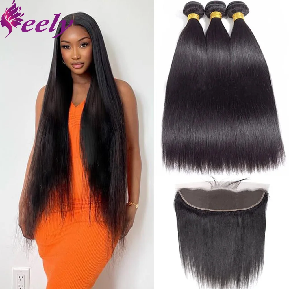 

Frontal 13x4 Lace Straight Human Hair Bundles With Closure Brazilian 100% Real Human Hair Extensions For Woman Natural Black #1B