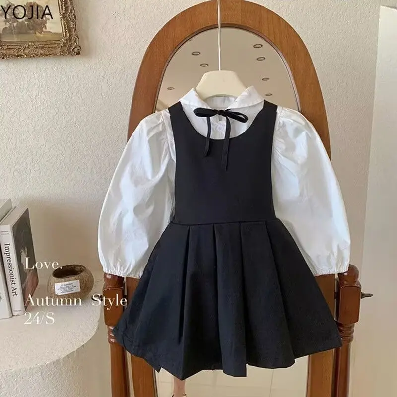 

Children Girls 2PCS Spring Bow Round Color Tops Suspender Skirts Suit Kid Girls Outfits