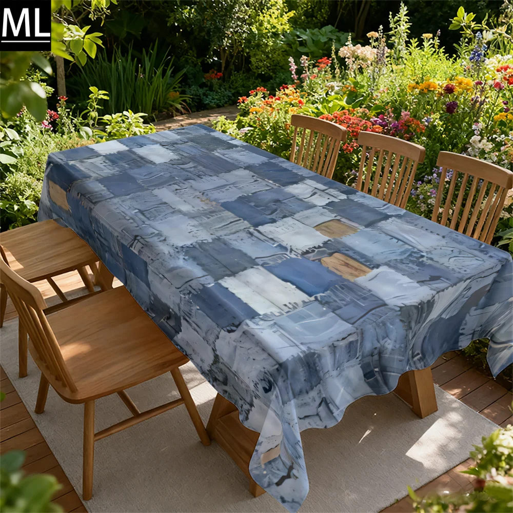 1pc Party Tablecloth/Dining Table Set - Denim Patchwork Texture Irregularly Stitched Artistic Tablecloth