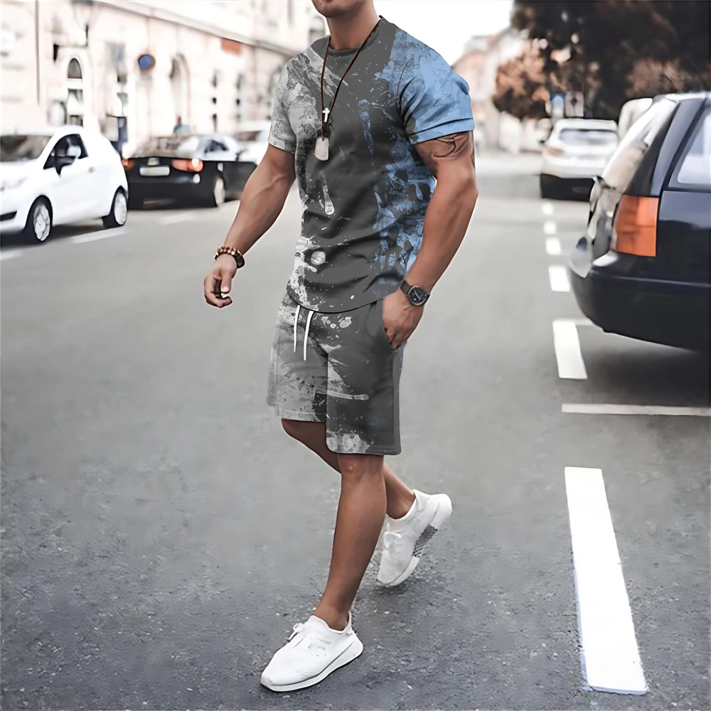 Men\'s 2 Piece Sets T Shirt Shorts Tracksuits Quick Dry Mesh Short Sleeve Oversized T-shirts Beach Shorts Suits Print Men Clothes