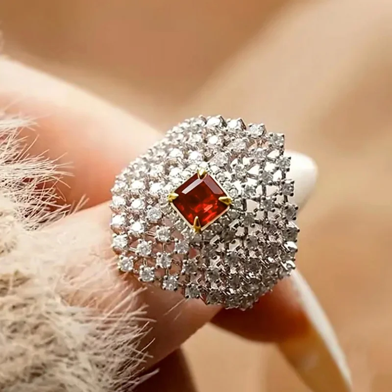 Huitan Funkelnder Damenring mit grünem CZ-Stein, hohles Design, modisch, für Hochzeit, elegante Dame, Jahrestag, Accessoires, Schmuck, Geschenk – Detail 18