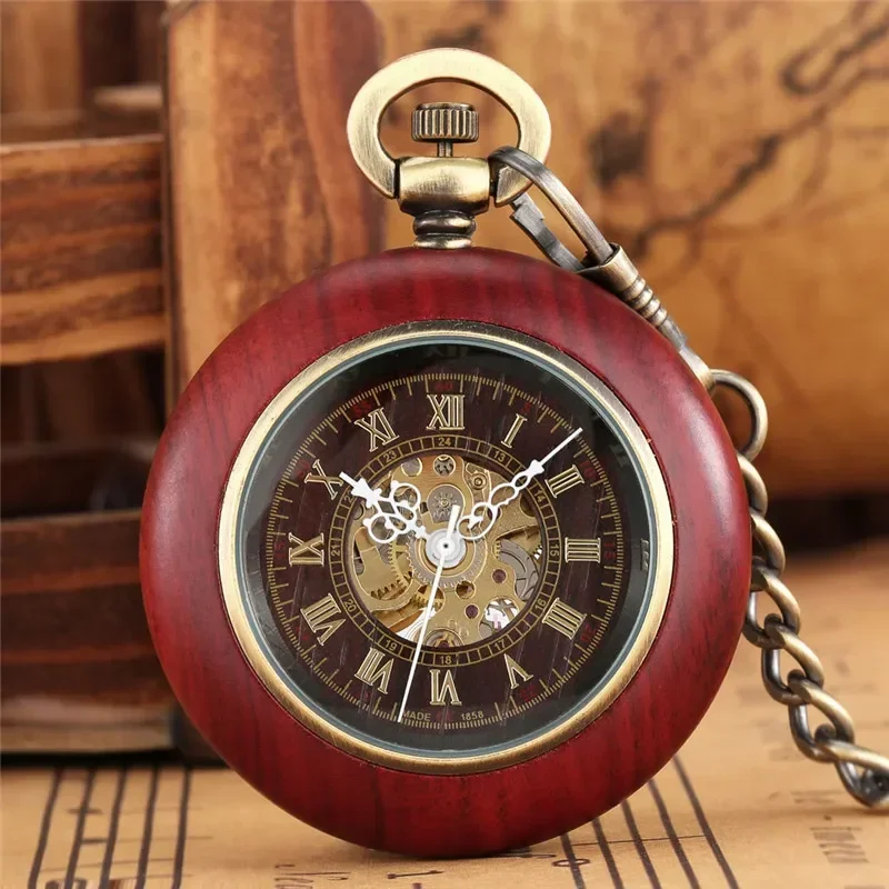 Classic Retro Pocket Watch Unisex Skeleton Automatic Mechanical Watches Roman Number Dial Pendant FOB Clock Chain Reloj Gift