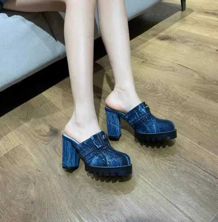 Retro Blue Grey Denim Cloth Chunky High Heel Slipper Sandals Thick Tire Sole Women Washable Jeans Slingbacks Close Toe Shoes