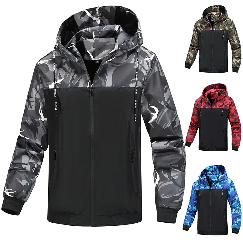 

Men's Spring and Autumn Hooded Camo Jacket Youth Casual Slim Fit Fashion Zipper Thin Men's Windproof Half Season Jacket