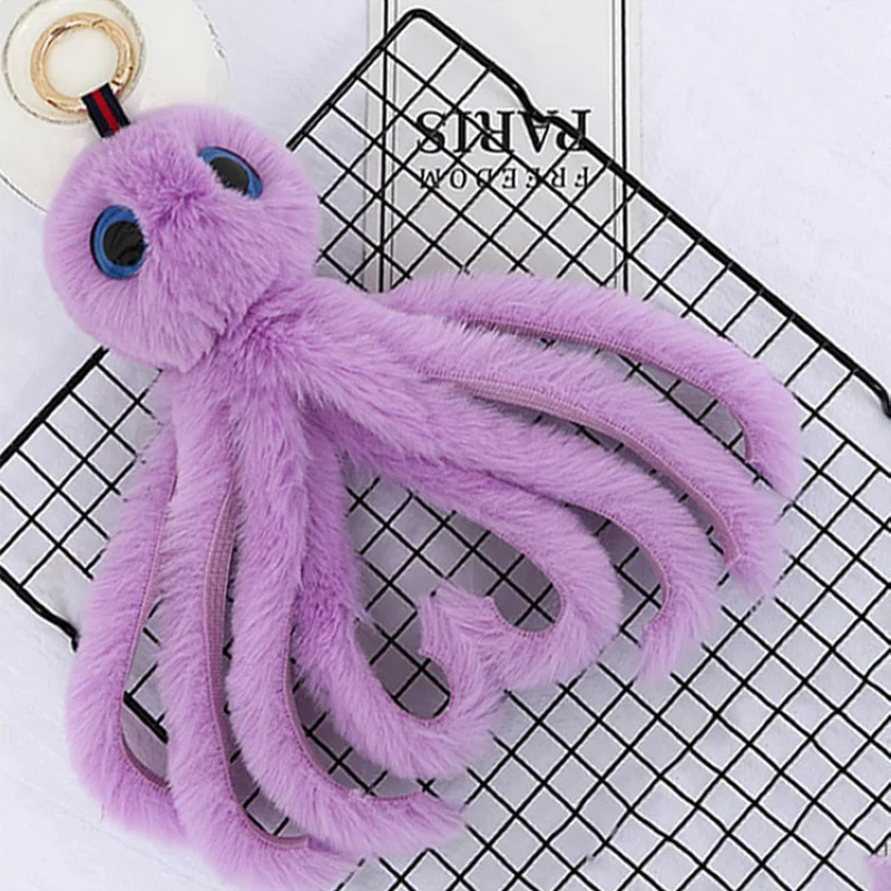 Cute Girls Fluffy Fur Pompom Octopus Keychains Women Rabbit Fur Pompon Octopus Key Chain On Bag Car Trinket Jewelry Party Gift