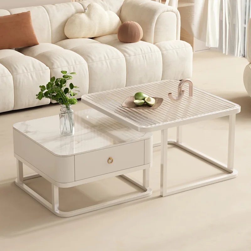 

Luxury modern wrought iron frame rock plate glass coffee table set with cabinet