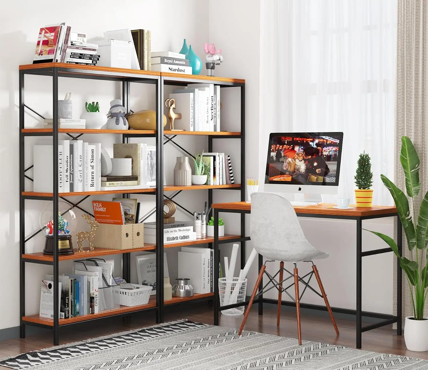 5-Tier Wide Storage Bookshelf Set of 2 Heavy Duty Home Office 31.6
