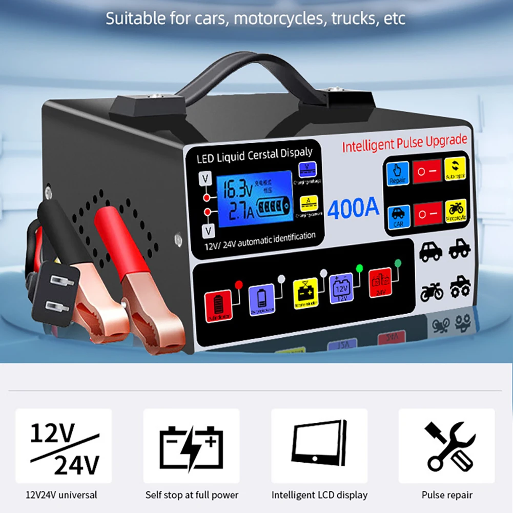 

400A Heavy Duty Smart Battery Charger 12V/24V Intelligent Pulse Repair Charger LCD Display Self-Stop Battery Charger Five-Stage