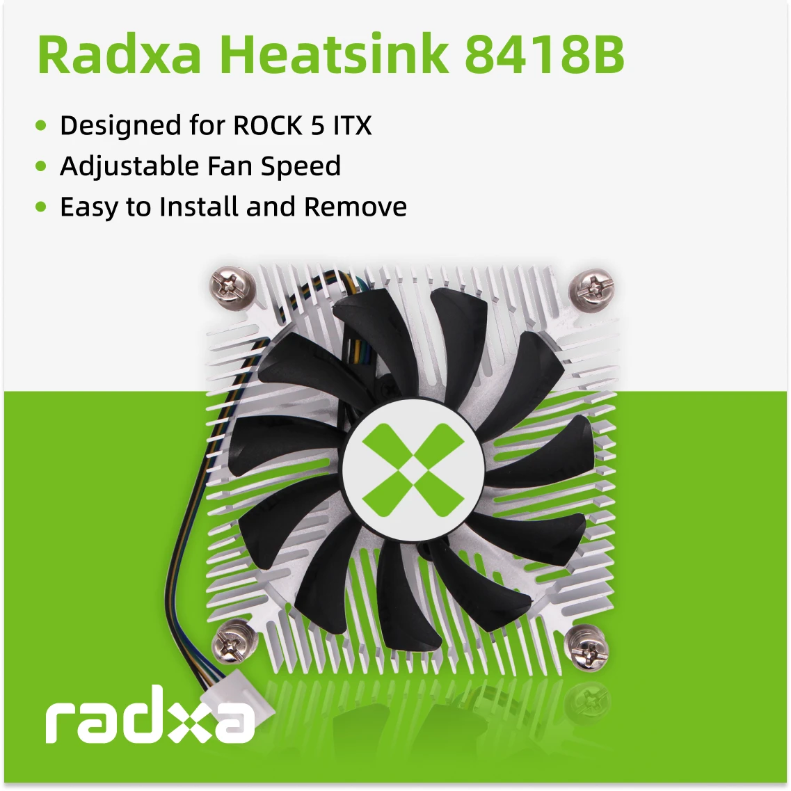 Radxa Heatsink 8418B, Designed for ROCK 5 ITX, Adjustable Fan Speed, Easy to Install and Remove.