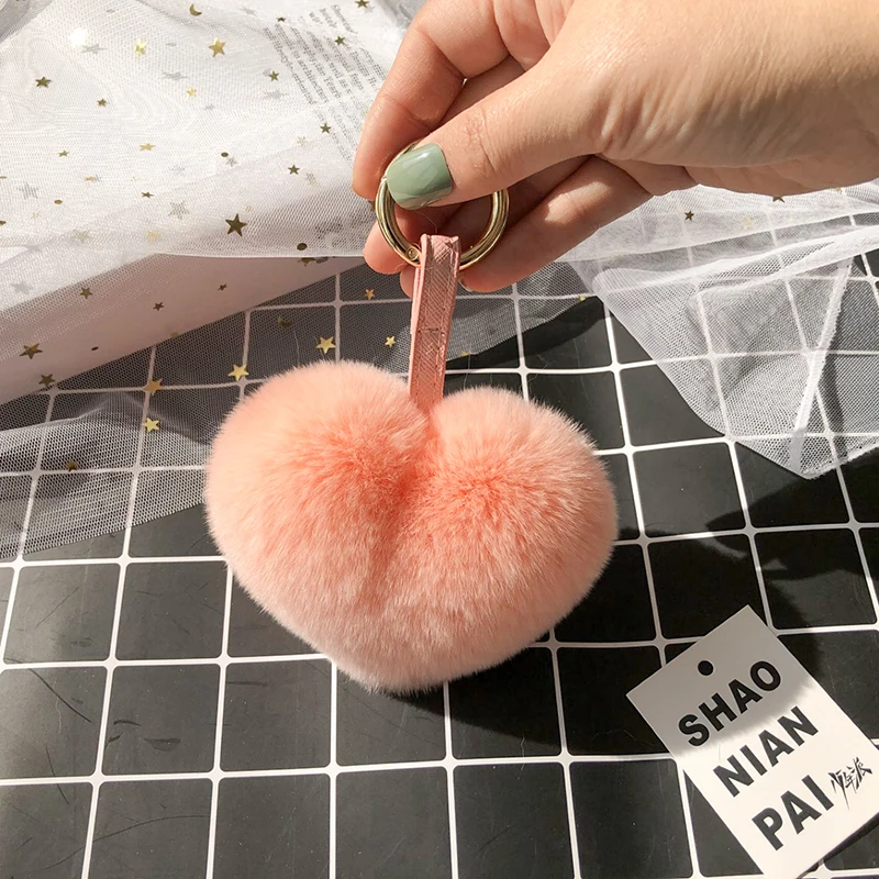 Cute Heart Keychain Real Rex Rabbit Fur Heart Pompom Key Chain Women Girl Bag Charms Cars Accessory Simple Fluffy Keyring Gifts