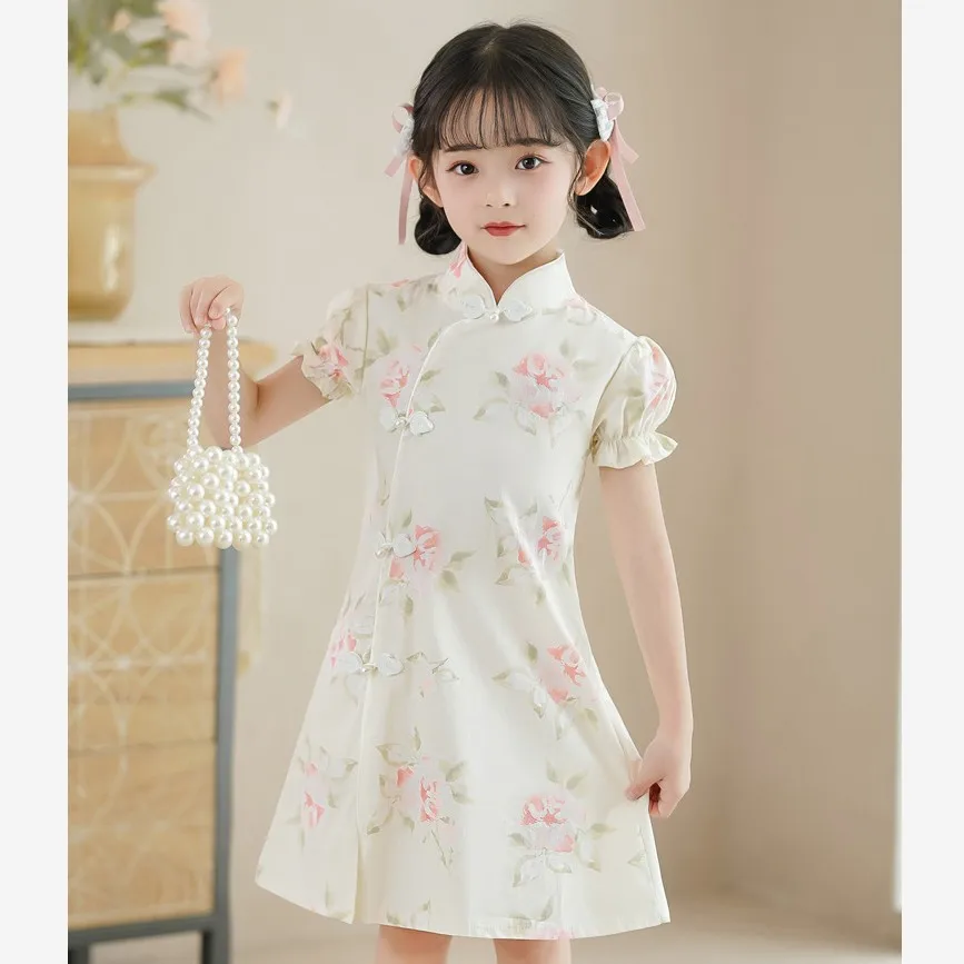 

Girls Cheongsam Dress Kids Chinese New Year Clothing Dresses Floral Cotton Qipao Vintage Chinese Party Evening Costume