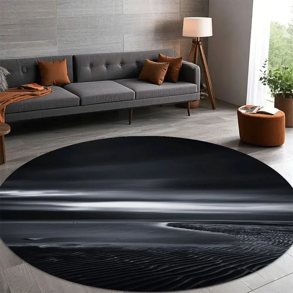 Abstract Black White Ocean Wave Round Rug Flannel Modern Minimalist Living Room Sofa Mat Non Slip Artistic Home Decor FloorCover