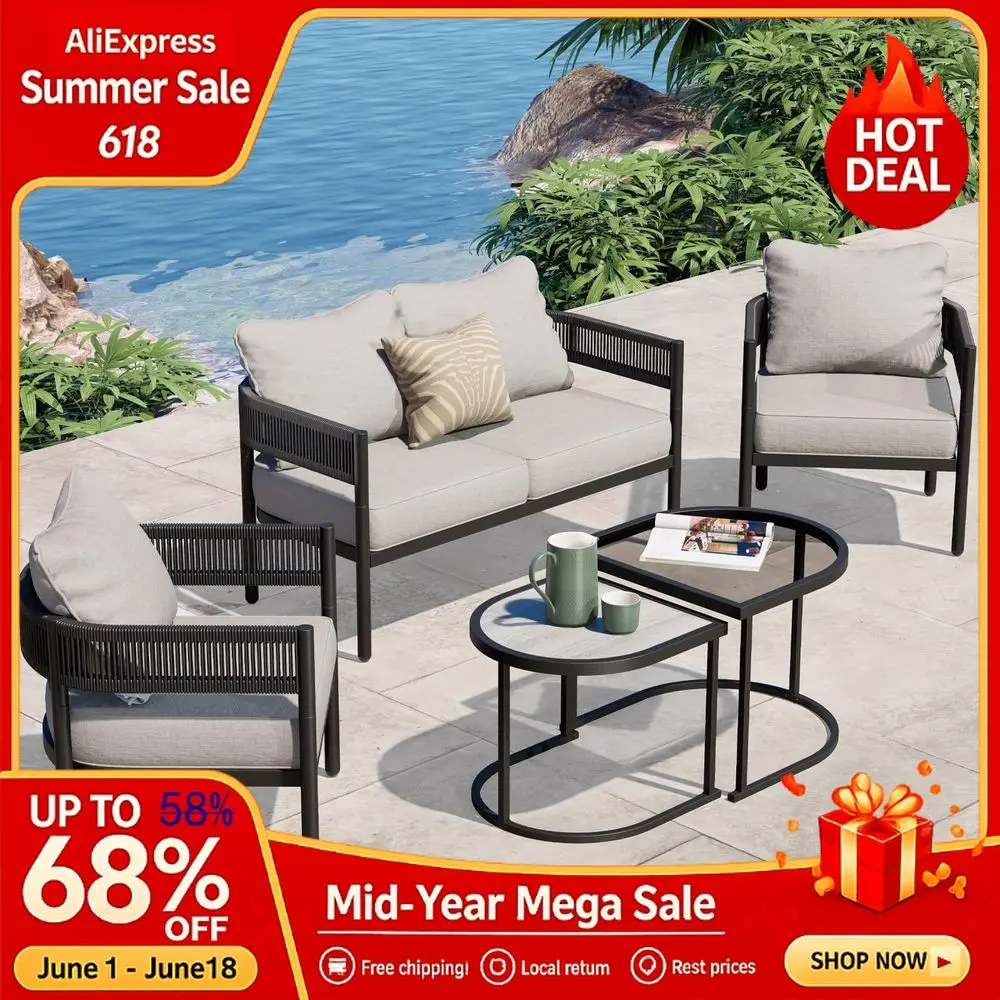 

5Piece Outdoor Furniture Set, 4 Seats Wicker Sofa Conversation Set with Thick Cushions and Coffee Table, for Backyard, Custom
