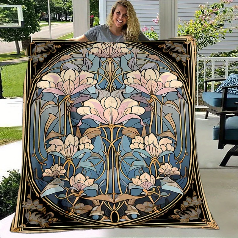 Vintage Art Nouveau Lotus Golden Frame Stained Glass Print Blanket, Light Flannel Throw For Couch, Elegant Floral Daily Blanket