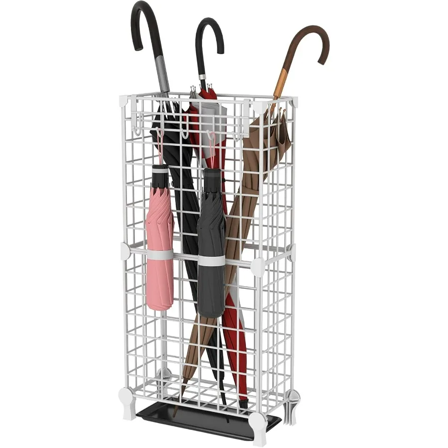 

Отдельно стоящая металлическая квадратная подставка для зонтов со съемным поддоном для капель и крючками для организации прихожей идеально подходит для внутреннего и наружного использования.