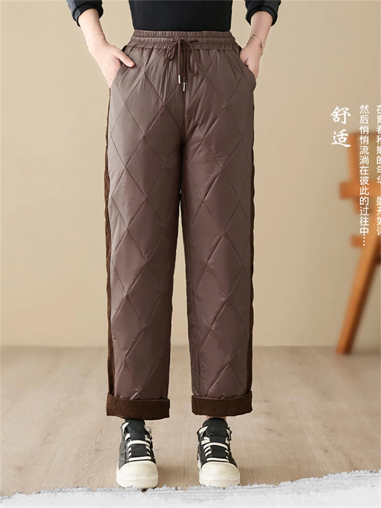 

8988 Women Ultra Thick Vintage Patchwork Pants Winter Cozy Warm Fashion Korea Style Elastic Waist Casual Loose Versatile Trouser