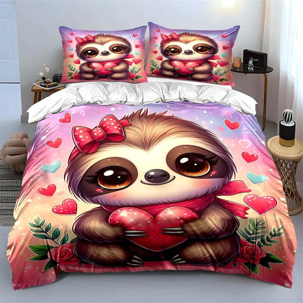 Adorable sloth holding pink heart Print Bedding Set 1 Duvet Cover 2 Pillowcases for Adult and Children Luxury Gift Full Size