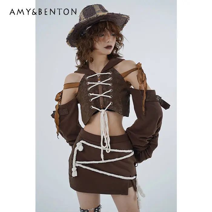 

Новинка Весна-Лето: Сексуальный коричневый укороченный худи с вырезами на талии и короткая юбка с высокой талией в стиле Street Wasteland Wind
