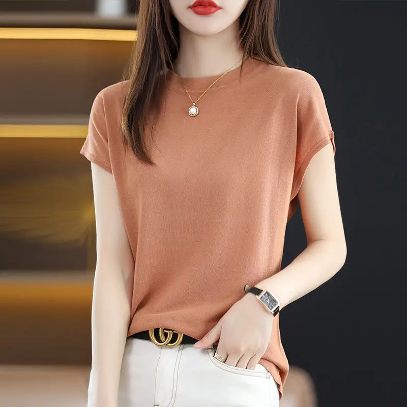 Koreon Fashion Women Clothing Knitted T-shirt Summer New Short Sleeve Vintage Pulover Tees Solid Bottoming Casual Versatile Tops