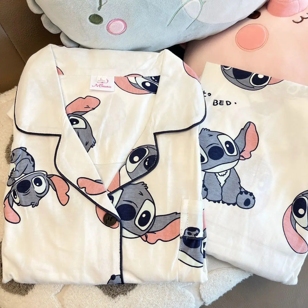 Stitch Pajamas Kawaii Creative Autumn Cardigan Long Sleeved Long Cute Cartoon Anime Lovely Pant Home Suit Set Birthday Girl Gift