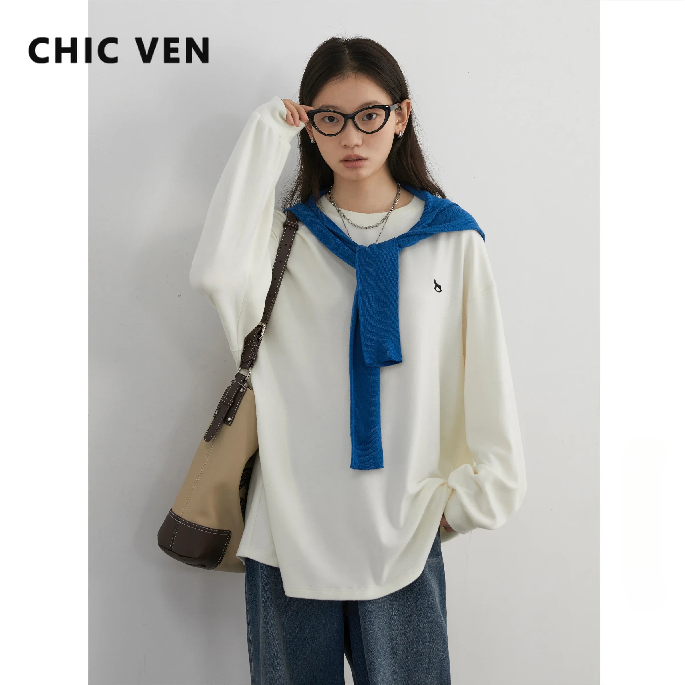 CHIC VEN Women T-Shirts Loose Casual Cashmere Round Neck Base Female Tops Warm Sanded Tees for Woman Autumn Winter 2024