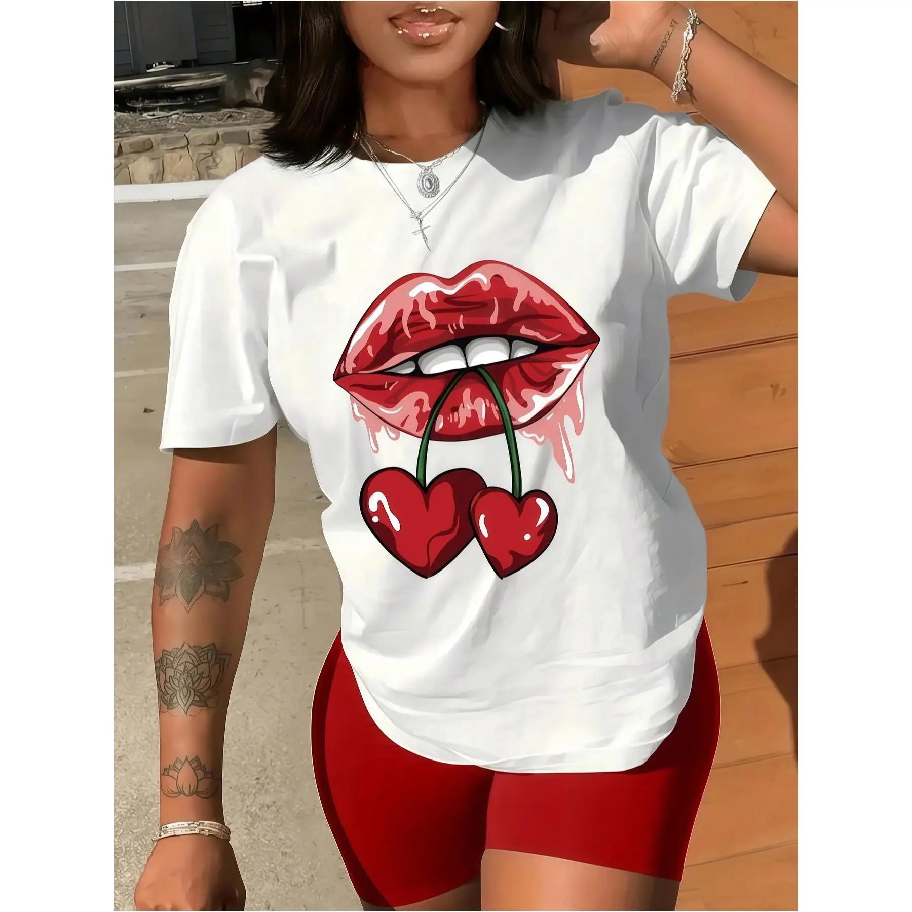 

Women's Lips and Cherry T-shirt Heart Cherry Graphic Tee Cute Y2K Aesthetic Top